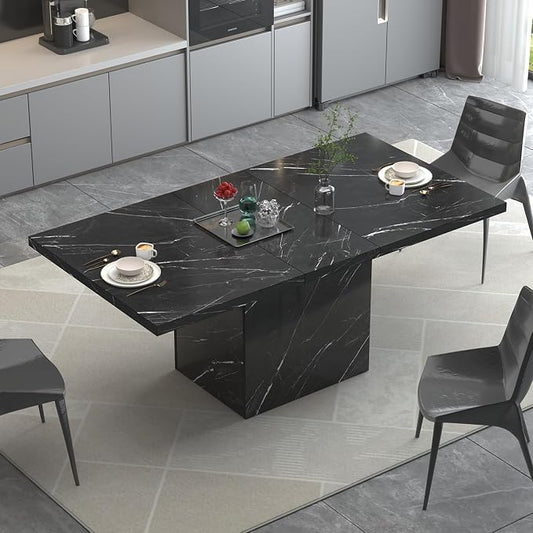HSH 55 inch Dining Room Table for 4, Modern Black Faux Marble Dining Table, Rectangle Kitchen Table with Heavy Duty Pedestal, Industrial Wood Dinner Desk for Home Living Room, Black Marble, 55 Inch