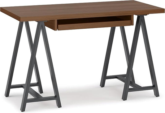 SIMPLIHOME Sawhorse Industrial 50 inch Wide SOLID WALNUT WOOD and Metal Small Desk in Walnut for the Office Desk, Writing Table, Workstation and Study Table