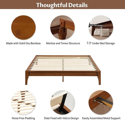 Merax King Size Bamboo Platform Bed, Mid-Century Modern Bed Frame with Wood Slat Support, No Box Spring Needed, Easy Tool-Free Assembly, Brown