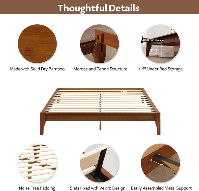 Merax Mid-Century Bamboo Platform Bed, Queen Size Bed Frame with Wood Slat Support, No Box Spring Needed, Easy Tool-Free Assembly, Brown