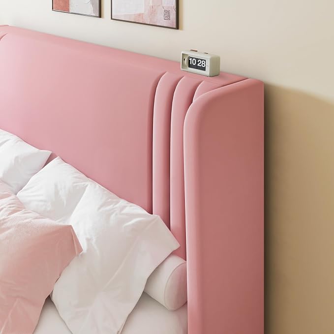 Allewie King Size Velvet Platform Bed Frame with Vertical Tufted Wingback Headboard, Easy Assembly, Under Bed Storage, No Box Spring Required, Modern Style, Pink