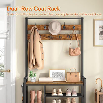 HOOBRO Hall Tree with Bench, Shoe Rack with Coat Rack, 39.4" Coat Rack with Shoe Storage, 5 Tier Shoe Storage Organizer, Oxford Fabric Side Pockets, Coat and Shoe Rack Entryway, Rustic Brown BF46MT01