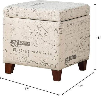 Adeco Fabric Script Pattern Cube Storage Footstool, Hinged Lid, Solid Wood Legs, 18" Height Ottomans & Storage Ottomans, Cream White