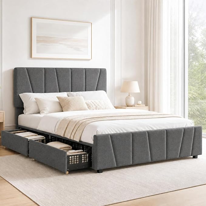 King Size Bed Frame with Upholstered Headboard & 4 Storage Drawers with Wheels, Platform Bed Frame with Wooden Slat Support, Adjustable Headboard, No Box Spring Needed, Noise-Free, for Bedroom