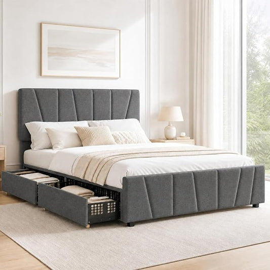 King Size Bed Frame with Upholstered Headboard & 4 Storage Drawers with Wheels, Platform Bed Frame with Wooden Slat Support, Adjustable Headboard, No Box Spring Needed, Noise-Free, for Bedroom