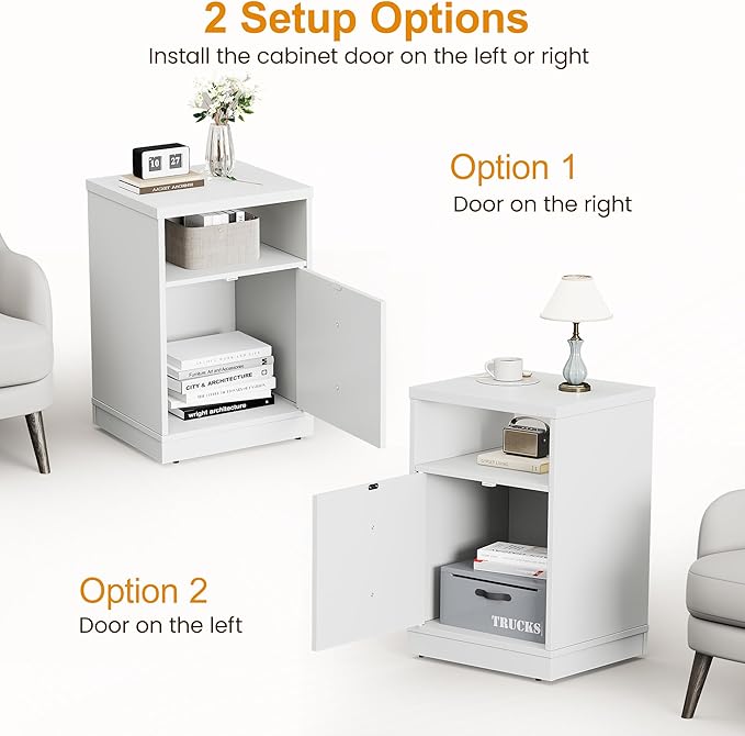 RoyalCraft White Nightstand Set of 2, End Table with Storage Shelf and Door, Faux Two-Drawer Design Side Table, Modern Night Stand for Bedroom Dorm, Wood Beside Table for Small Spaces