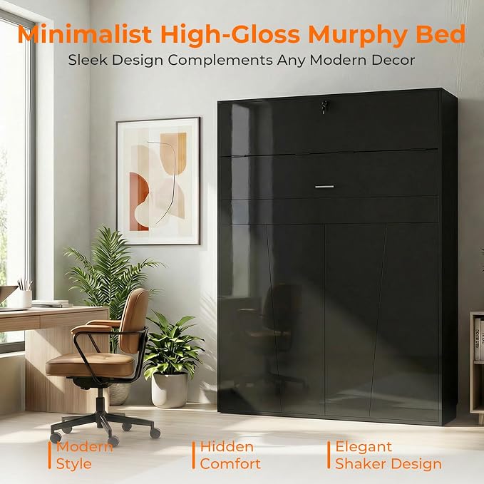 CECER Queen Vertical Murphy Wall Bed，Space Saving for Offices/Guest-Black | Durable Gas-Lift for smooth folding，16 Color Controllable LED Lights，Sturdy frame ＆ Easy Assemble，High Gloss Panel