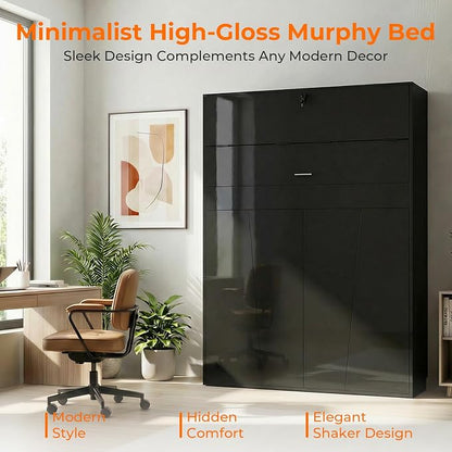 CECER Queen Vertical Murphy Wall Bed，Space Saving for Offices/Guest-Black | Durable Gas-Lift for smooth folding，16 Color Controllable LED Lights，Sturdy frame ＆ Easy Assemble，High Gloss Panel