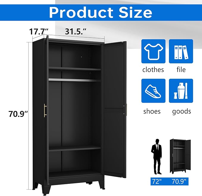 PAOFIN 71" Metal Armoire Wardrobe Closet, Bedroom Clothing Storage Cabinet with 2 Drawers and Hanging Rod, Freestanding Armoire Cabinet with Adjustable Shelves (Black)