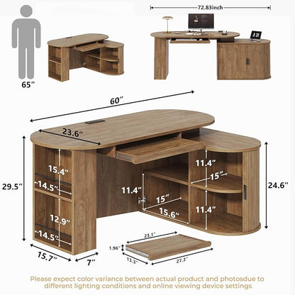 HSH Reversible L Shaped Desk with Storage, Computer Desk with Keyboard Tray | 60" Modern Annual Ring Wood Executive Office Desk, Adjustable Corner Design for Gaming Spaces and Home Workstations