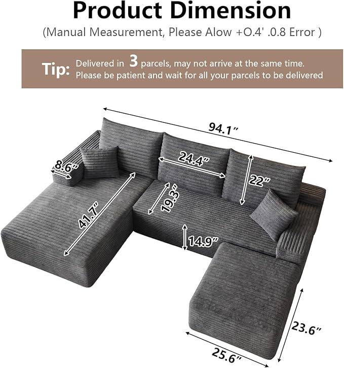 95" Cloud Sectional Couch U-Shaped Chaise with Ottoman, Corduroy Boneless Couch for Living Room Bedroom, Deep-Seat Upholstered Modular Cloud Sofa, No Assembly Required (Grey, Left Facing Chaise)