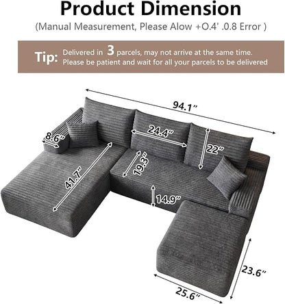 95" Cloud Sectional Couch U-Shaped Chaise with Ottoman, Corduroy Boneless Couch for Living Room Bedroom, Deep-Seat Upholstered Modular Cloud Sofa, No Assembly Required (Grey, Left Facing Chaise)