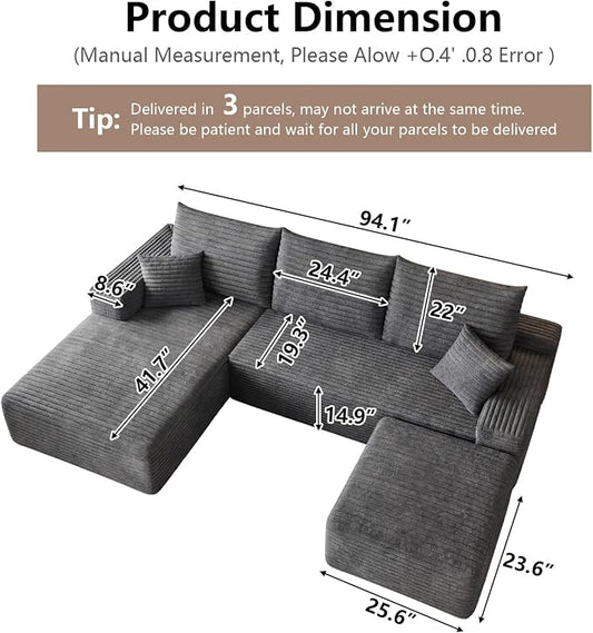95" Cloud Sectional Couch U-Shaped Chaise with Ottoman, Corduroy Boneless Couch for Living Room Bedroom, Deep-Seat Upholstered Modular Cloud Sofa, No Assembly Required (Grey, Left Facing Chaise)