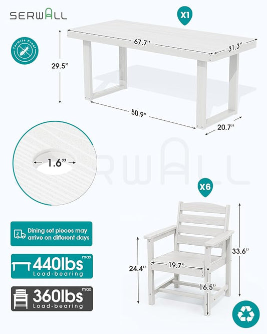 SERWALL HDPE Outdoor Dining Set for 6, 67'' Patio Table and Chairs Set | with Armchair Seat