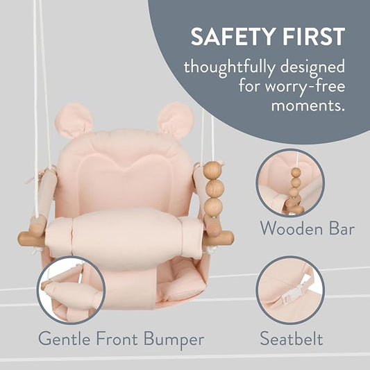 Monkey & Mouse Baby Swing, Pale Pink Indoor Outdoor Portable Hanging Chair - Infant & Toddler Kids 6 Months - 4 Years, Cotton Canvas & Beech Wood Frame, Sensory Hammock Boy & Girl Seat w/Wooden Toys