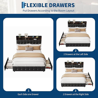 IDEALHOUSE Full Size Upholstered Bed Frame Fabric with Storage Drawers and LED Lights, Headboard and Frame for Cozy Bedroom Sets Upgrades