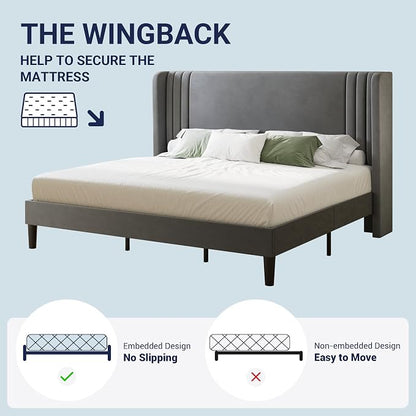 Allewie King Size Velvet Platform Bed Frame with Vertical Tufted Wingback Headboard, Easy Assembly, Under Bed Storage, No Box Spring Required, Modern Style, Grey