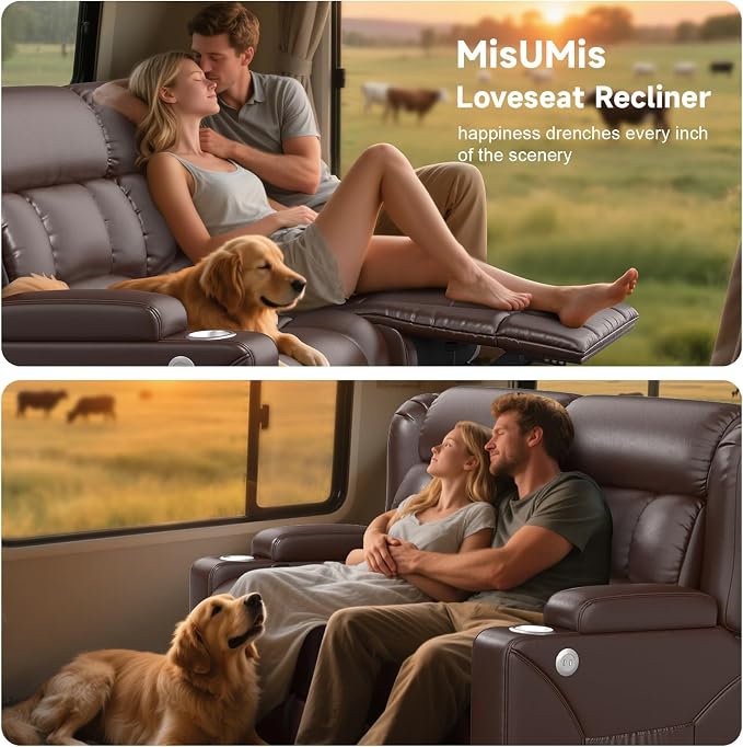 RV Loveseat Recliner Sofa, Wall Hugger Reclining Loveseat RV Couch with USB Ports, Large Pockets, Cup Holders, 150° Adjustable RV Recliners Furniture for Travel Trailers & Home Theater Seating