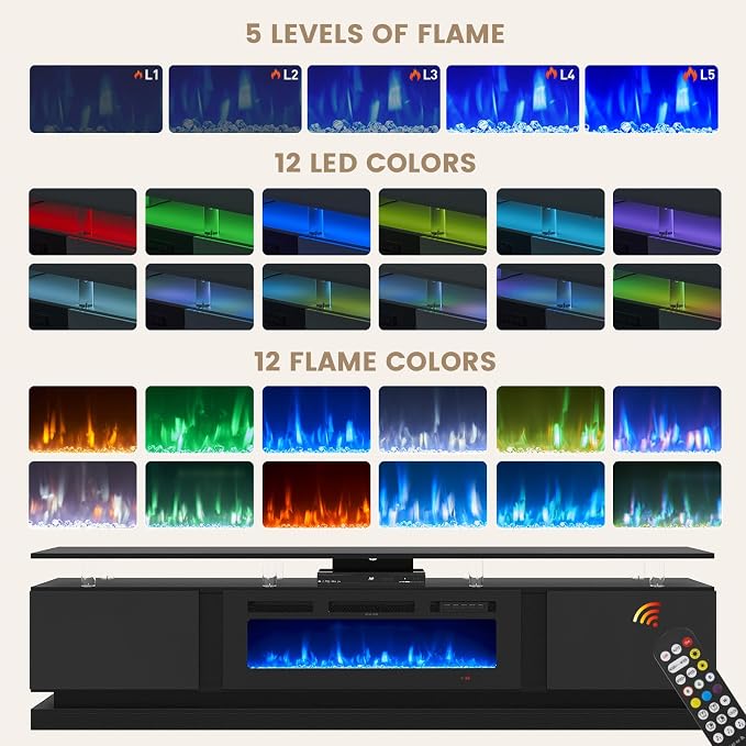 80" Fireplace TV Stand, Modern Entertainment Center for TVs Up to 90", TV Console with Storage Cabinets, Media Console for Living Room, Pure Black TV Stand and Pure Black Fireplace