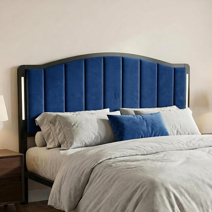 Headboard for Queen Size Bed with LED Lights, Upholstered Vertical Channel Tufting Head Boards, Velvet Headboard Only, Attach Frame, Ideal for Bedroom, Dorm, Guest Room, Blue