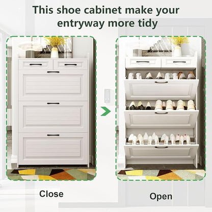 Shoe Cabinet Storage for Entryway with 3 Large Flip Drawers & 2 Storage Drawers, Narrow Shoe Organizer Cabinet Fits for Kinds of Shoes, Slim Shoe Storage Cabinet for Entryway, Hallway, Living room