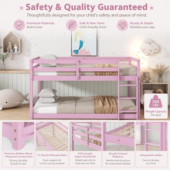 Twin Over Twin Bunk Bed, Low Profile Wooden Frame for Kids Bedroom, Floor Bunk with Ladder and Guardrails, Rubber Wood Construction, 13 Plywood Slats, No Box Spring Needed (Pink)