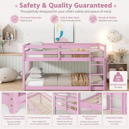 Twin Over Twin Bunk Bed, Low Profile Wooden Frame for Kids Bedroom, Floor Bunk with Ladder and Guardrails, Rubber Wood Construction, 13 Plywood Slats, No Box Spring Needed (Pink)