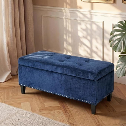 Asense 41" Storage Ottoman Bench, Faux Leather Tufted Upholstered End of Bed Bench with Safety Hinge for Bedroom,Entryway,Living Room,Drak Blue