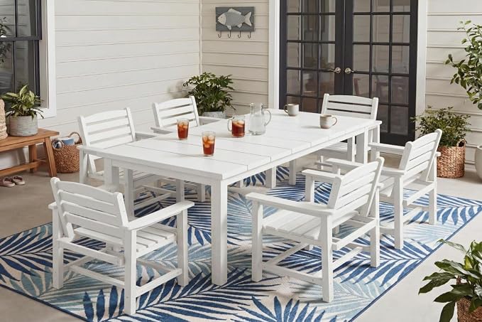 Perli™ 7-Piece Outdoor Dining Set, All-Weather HDPE Patio Furniture with 6 Ergonomic Chairs & Large Table, Built-in Umbrella Hole, UV-Resistant Set for Backyard, Deck, Poolside, White