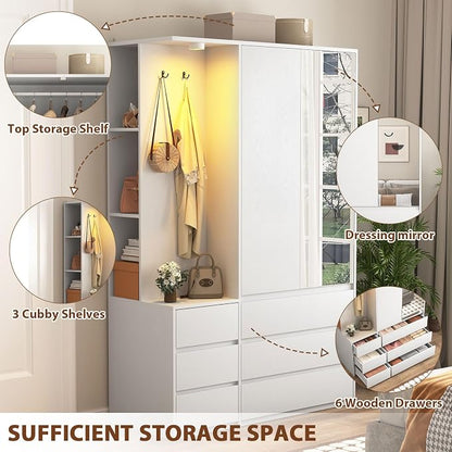 White Wardrobe Closet with Mirror and LED Light, Armoire Wardrobe with 6 Drawers, Hanging Rod, Open Shelves, Freestanding Bedroom Storage Cabinet