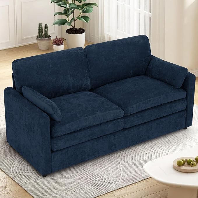 69” Chenille Loveseat Sofa w/Arm Pillows, Upholstered 2-Seater Sofa w/Comfortable Back Cushions, Modern 2 Seats Couch w/High-Density Foam for Living Room, Apartment, Office, Blue
