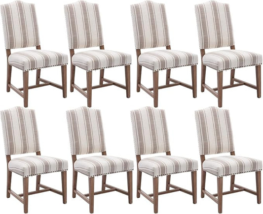 EALSON Upholstered Dining Chairs Set of 8 Farmhouse Dining Room Chairs with Wood Legs and Nailhead Trim Mid Century Modern Kitchen Chairs with High Back Padded Parson Chairs, Linen Brown Stripe
