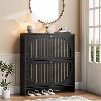 Nicetree Shoe Cabinet Storage for Entryway, Narrow Shoe Rack 2 Flip Drawers with 3-Level Adjustable Shelves, 9.5" Slim Cabinet for Small Spaces, Midnight Black Wood Storage Cabinets Fits Size 13.5