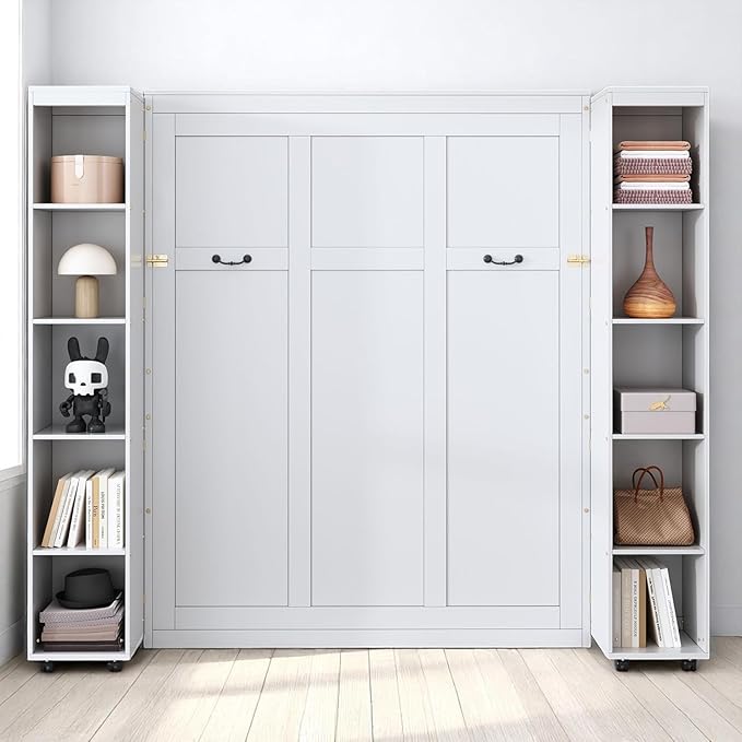 MERITLINE Queen Murphy Bed Cabinet with Storage Bookshelf Bookcase, Wood Hidden Foldable White Murphy Wall Bed with Storage Shelves for Adults