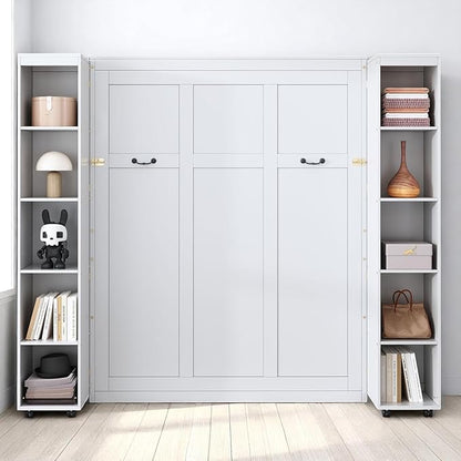 MERITLINE Queen Murphy Bed Cabinet with Storage Bookshelf Bookcase, Wood Hidden Foldable White Murphy Wall Bed with Storage Shelves for Adults