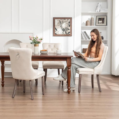 Hixkol Velvet Dining Chairs Set of 2,Upholstered Dining Chairs with Ring Pull Trim and Button Back,Modern Seating for Kitchen, Bedroom & Living Room(Beige)