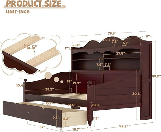 Merax Twin Daybed with Storage Drawers, Wood Twin Day Bed with 3-Tier Storage Headboard Shelves, Retro Style Twin-Size Daybed for Bedroom Guest Room, No Box Spring Needed, Easy Assembly, Espresso