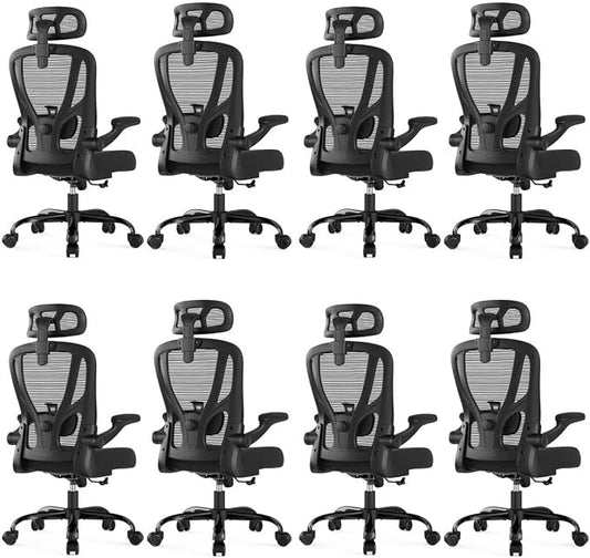 Office Chair Ergonomic Desk Chair - Mesh High Back Office Chair with Headrests Wheels Lumbar Support Home Desk Office Chairs Flip up Armrest Executive Rolling Computer Chair Black 8 Pack