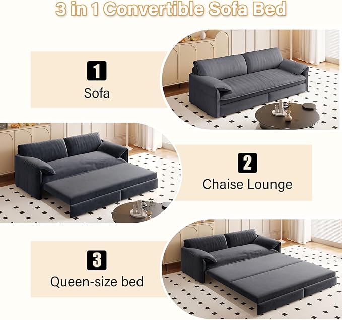 66" Sleeper Sofa Bed Queen Size, 3-in-1 Convertible Couch, Modern Pull Out Couches, Comfy Velvet Futon Sofa, Cloud Loveseat Lounge, Pillow Arm, for Small Spaces, Living Room, Apartment, Grey