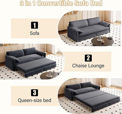 66" Sleeper Sofa Bed Queen Size, 3-in-1 Convertible Couch, Modern Pull Out Couches, Comfy Velvet Futon Sofa, Cloud Loveseat Lounge, Pillow Arm, for Small Spaces, Living Room, Apartment, Grey