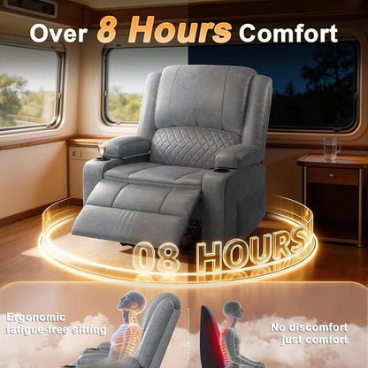 Oversized Manual Recliner Chair, 3 Angle Recliner Home Theater Seating, RV Recliner Single Sofa with Hidden Arm Storage, Cup Holder & Side Pocket (Single, Grey)