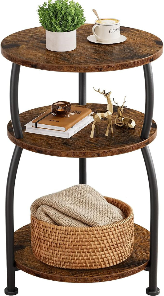 Round Side Table, 3-Tier End Table with Storage Shelf, 15.7" Wide Nightstand for Small Spaces, Tall Sofa Table Capable of Holding Laptops & Lamps, Bedside Table for Bedroom & Living Room, Rustic Brown