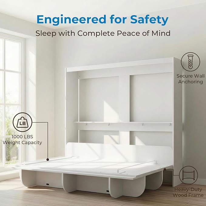 Mjkone Queen Size Wall Bed with Storage Shelf, Queen Wall Cabinet Murphy Beds with Bookshelf, 82" W Top Cabinet Bed Frame, Space-Saving Cabinets Beds for Bedroom/Guest Room/Studio/Office - White