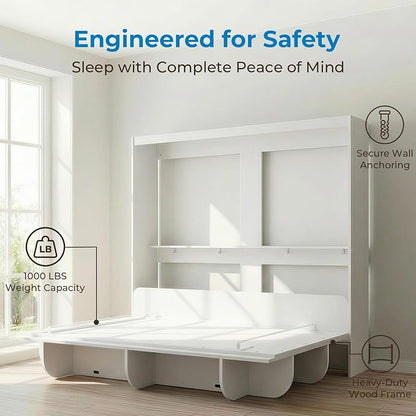 Mjkone Queen Size Wall Bed with Storage Shelf, Queen Wall Cabinet Murphy Beds with Bookshelf, 82" W Top Cabinet Bed Frame, Space-Saving Cabinets Beds for Bedroom/Guest Room/Studio/Office - White