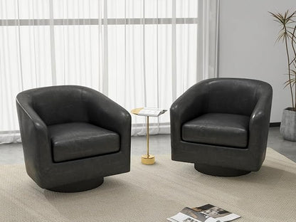 PU Leather Swivel Accent Chairs, Modern Upholstered Barrel Club Chair for Living Room, Round Armchair Single Sofa Bedroom Side Reading Seat - Charcoal Black, Set of 2