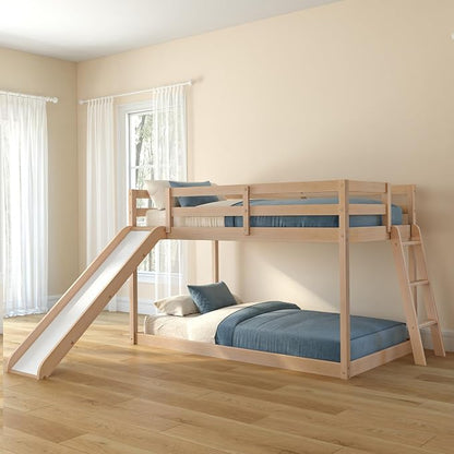 Grain & Grove Bear Twin Over Twin Bunk Bed with Slide, Low Bunk Bed Frame for Kids, Bunk with Ladder, Guardrail, and Slats, No Box Spring Required, Oak Embossed Natural