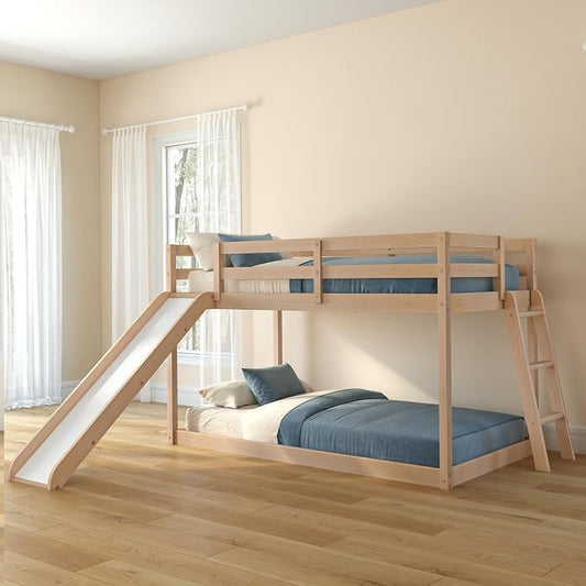 Grain & Grove Bear Twin Over Twin Bunk Bed with Slide, Low Bunk Bed Frame for Kids, Bunk with Ladder, Guardrail, and Slats, No Box Spring Required, Oak Embossed Natural