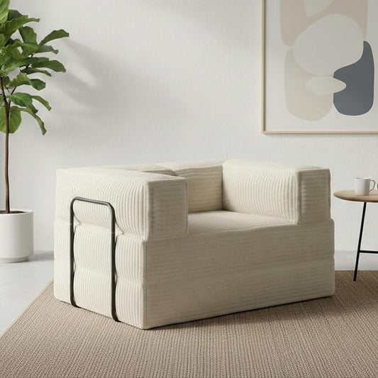 WLIVE 60'' Futon Sofa Bed, Convertible Sleeper Sofa, Folding Pull Out Couch Boneless Mattress with Fixed Frame, Corduroy, Greyish Beige