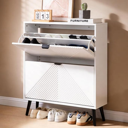 oakvivo Shoe Cabinet Storage, Farmhouse Freestanding Organizer with 2 Flip Drawers and 4 Wooden feet, Narrow Shoe Rack Cabinet for Entryway, Foyer, Hallway, White