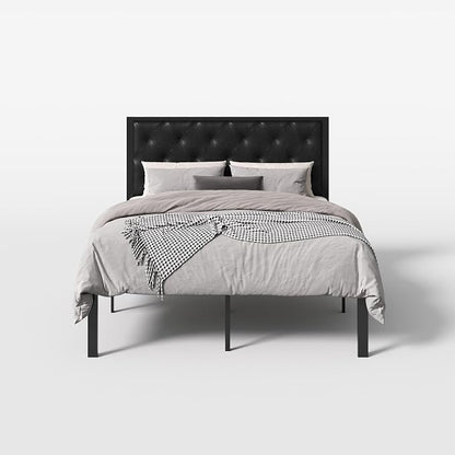 SHA CERLIN Full Size Metal Bed Frame with PU Tufted Headboard, Black | Modern Design Heavy-Duty Platform Bed, No Box Spring Need, PU Leather Upholstery, Noise Free, Easy Assembly